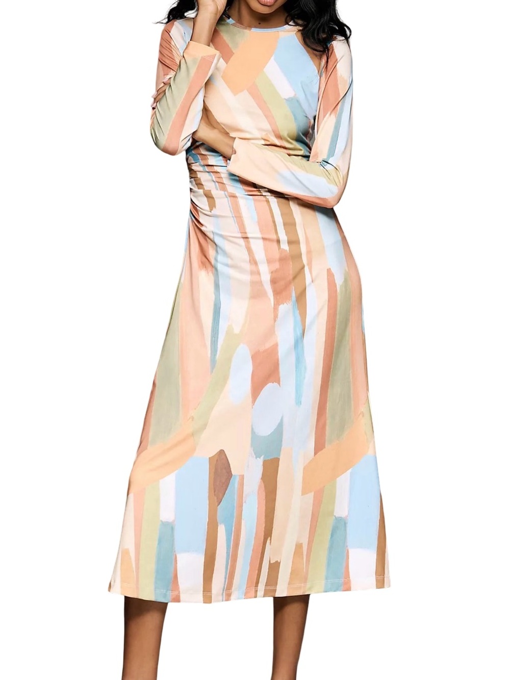 Mestizo Abstract Peach Multi Long Sleeve Midi Dress